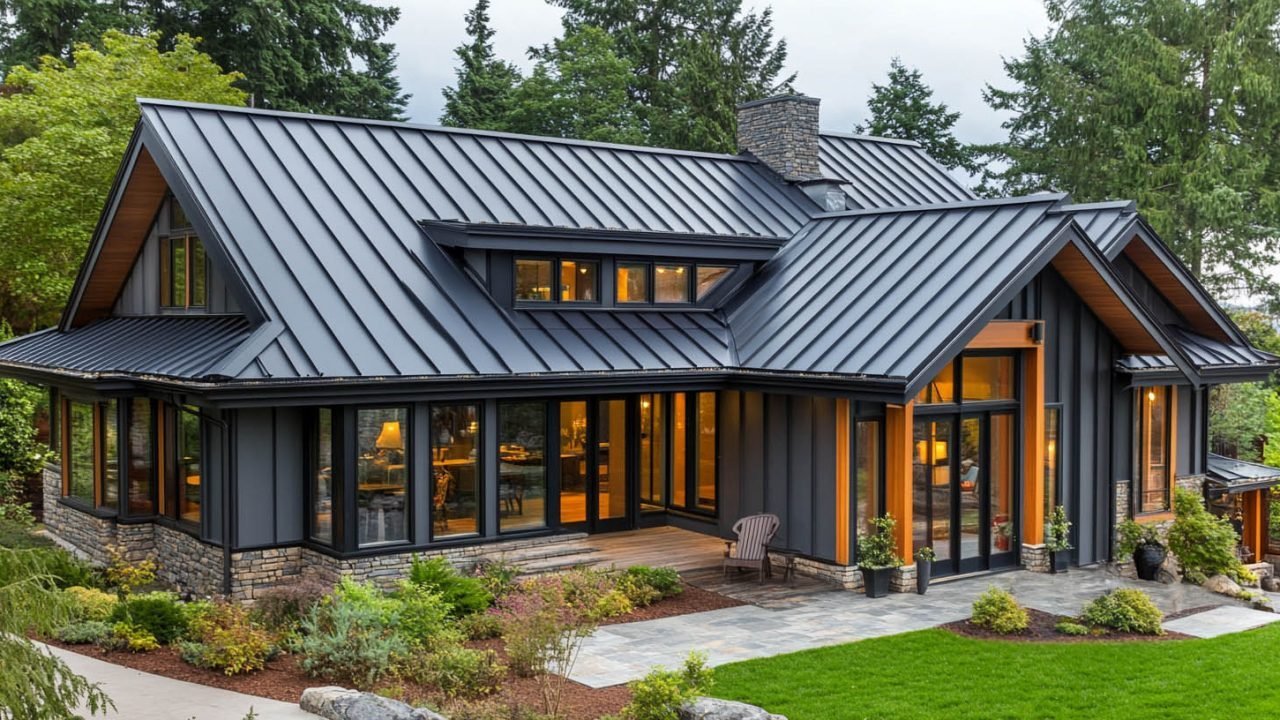 Standing-seam metal roof on a house with trees behind